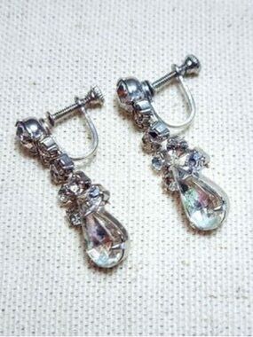 3/$25  Vintage Silver Tone Clear Rhinestone Drop Dangle Screw back Earrings
